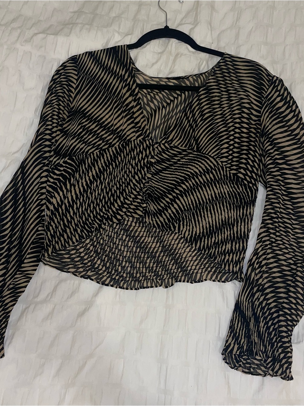 Black and Beige Patterned Long-Sleeve Women's Top